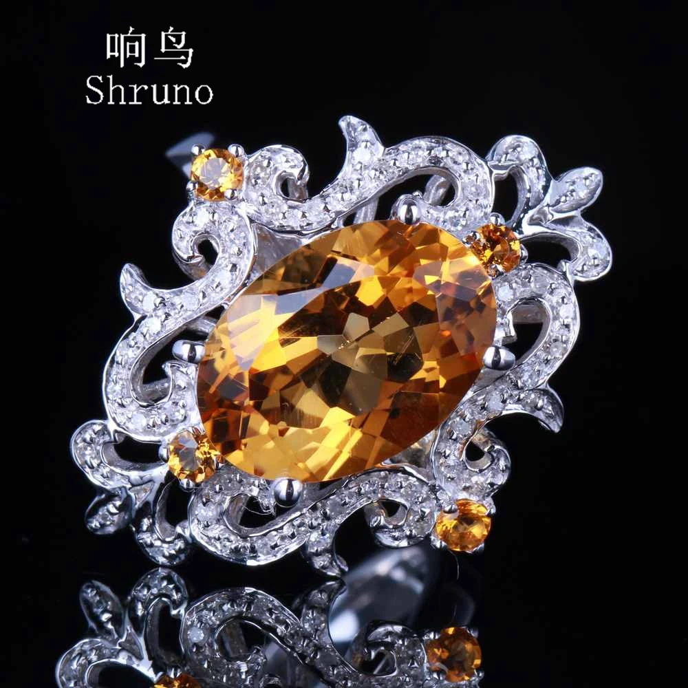 Shruno Solid 14k White Gold Genuine Natural Diamonds Ring Oval Cut 9.5x13.5mm Real Citrine 4.5ct Special Flowers Style Jewelry