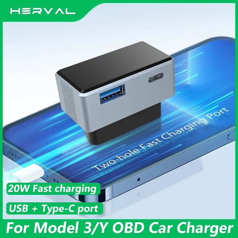 Herval For Tesla Model 3 Y X S 2021-2024 OBD Charging Adapter Plug And Play Car USB Type-C Port Expansion obd2 Splitter Charger