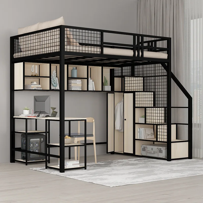

Storage with door cabinet elevated bed space saving small apartment bedroom wrought iron bed