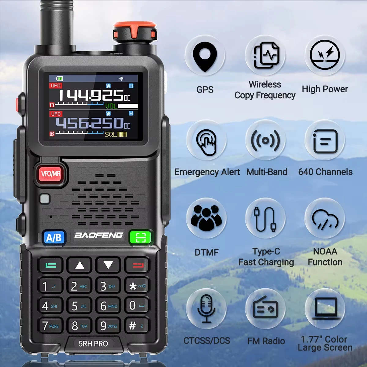 Baofeng UV-5RH Plus 14.5W Multi-Band Ham Radio GPS Location Sharing 999CH Wireless Frequency Copy IP54 Waterproof For Mountain H