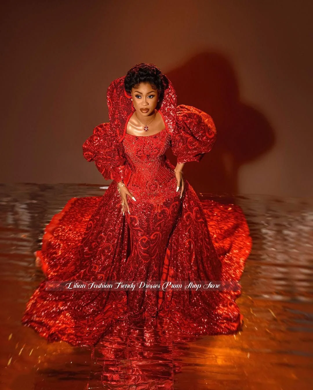 Gorgeous Red Wedding Dress for Black Brides Luxurious Beaded Mermaid Gown with Detachable Train Dreamy Wedding Dress Customized