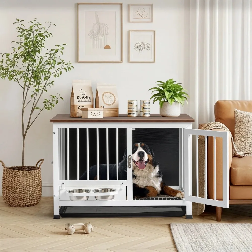 

31inch Dog Crate with Rotating Feeder End Table Decorative Pets Cage