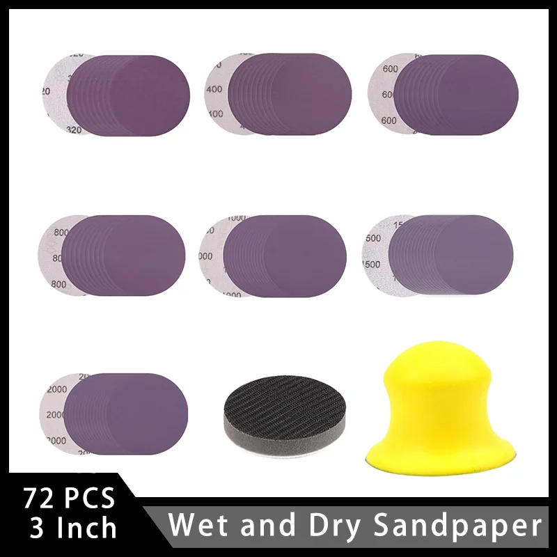 3 Inch Wet and Dry Sandpaper Set 72 Pcs with Hook and Loop Hand Sanding Block Buffing Pad Assorted 320-2000 Grit for Polishing