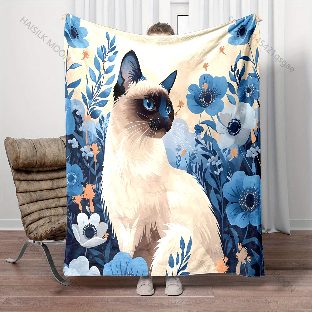 1PC Siamese Cat and Flowers Print Blanket Warm Soft Luxury Gifts for Children Adults Suitable for Home Sofa Bed Travel RV - view 3