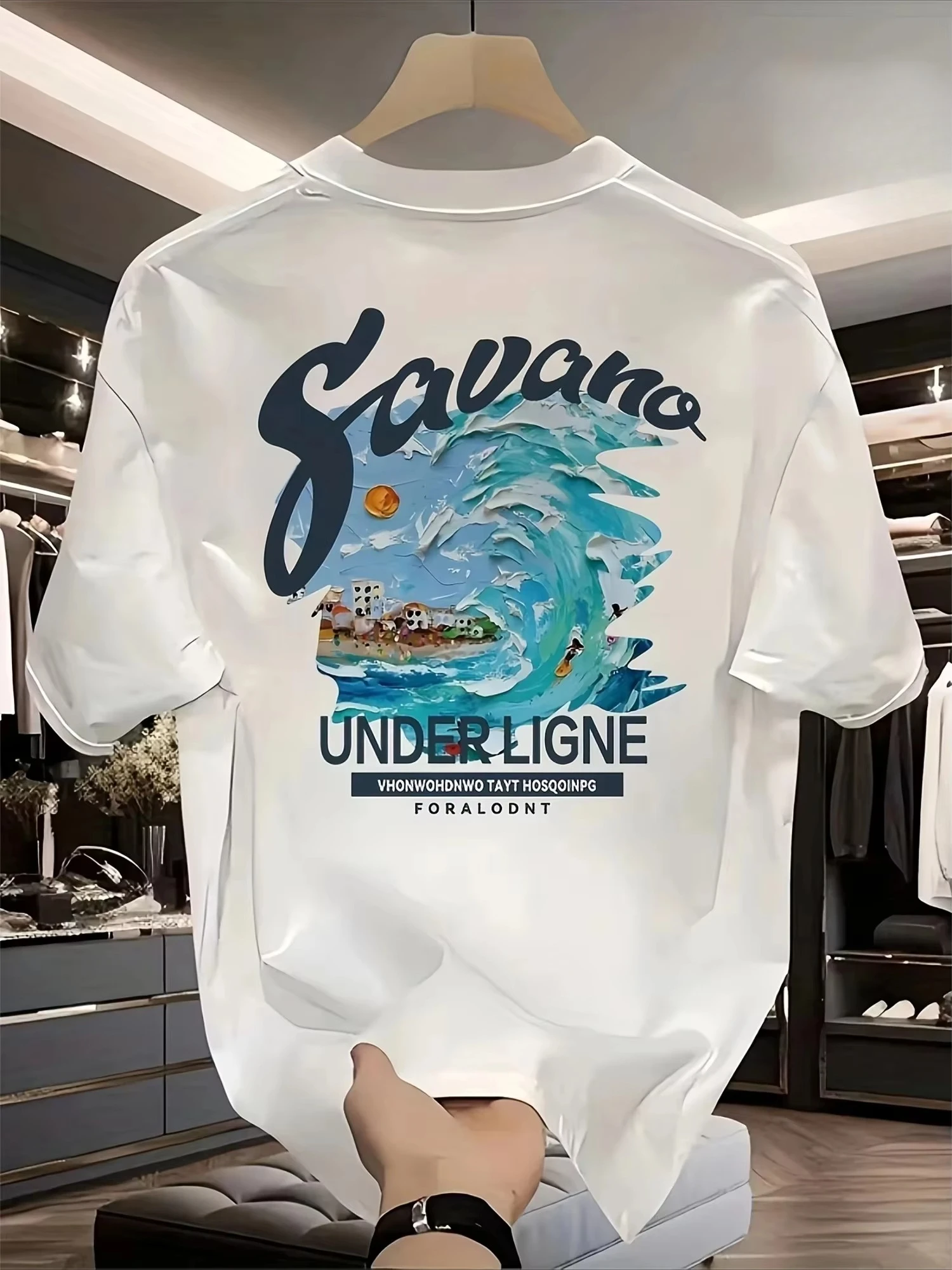 Back Print Ocean Wave Coastal Town Oil Painting Graphic T-shirt Blue Vacation Print Cotton Men's and Women's Casual Daily Tee