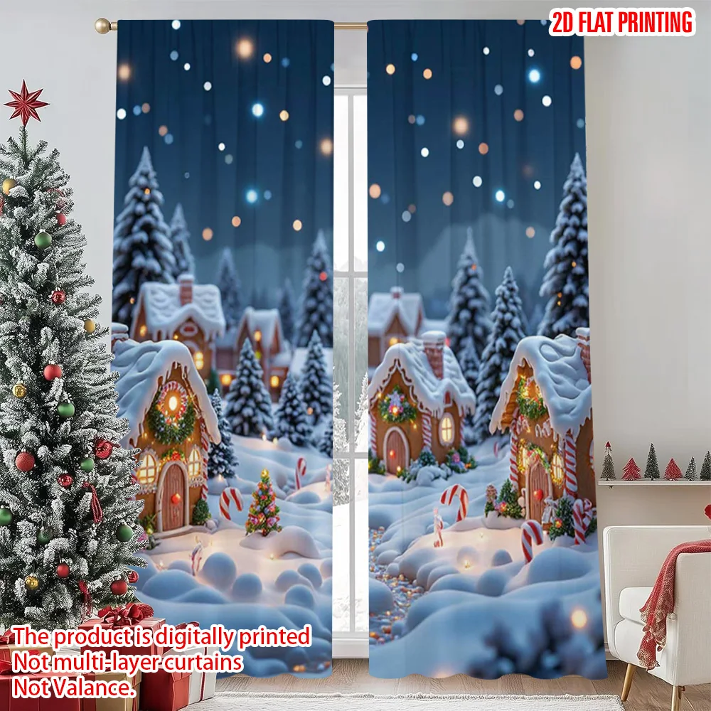 

2pcs 2D flat printing Merry Christmas Window Drapes Bakery Christmas scene Versatile Durable Polyester Without Electricity