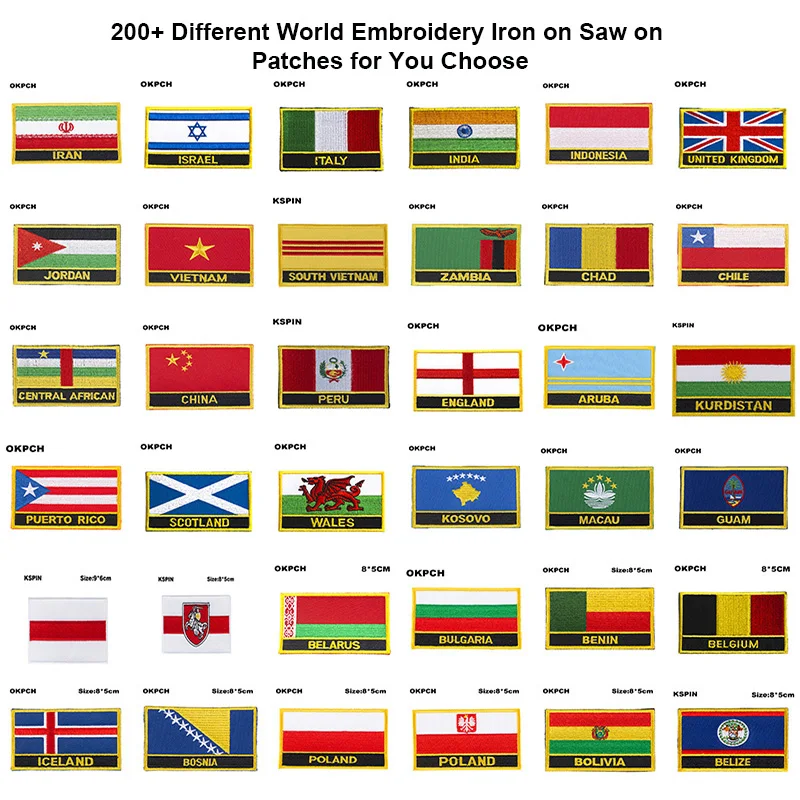 200+ بقع علم مختلفة مستطيلة وشكل درع حديد على بقع التطريز المنشار على تطبيقات رقعة النقل