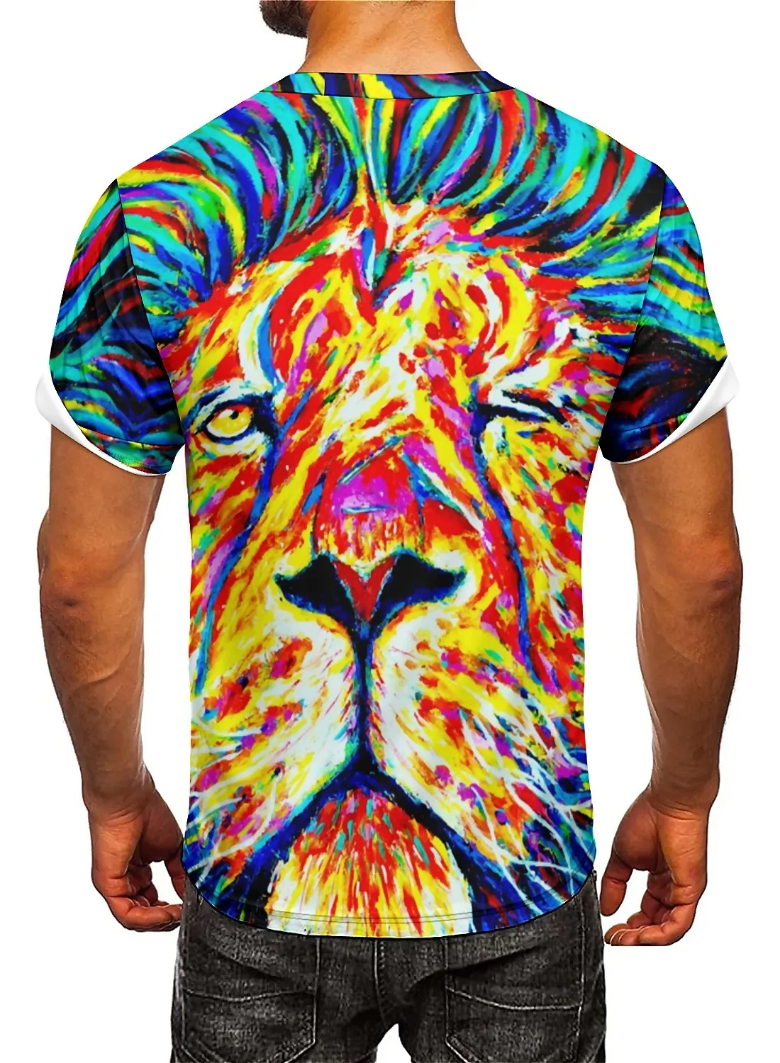 Summer Loose-fitting Colorblocked Ink-splashed Men's Animal Lion 3D Printed Short-sleeved T-shirt