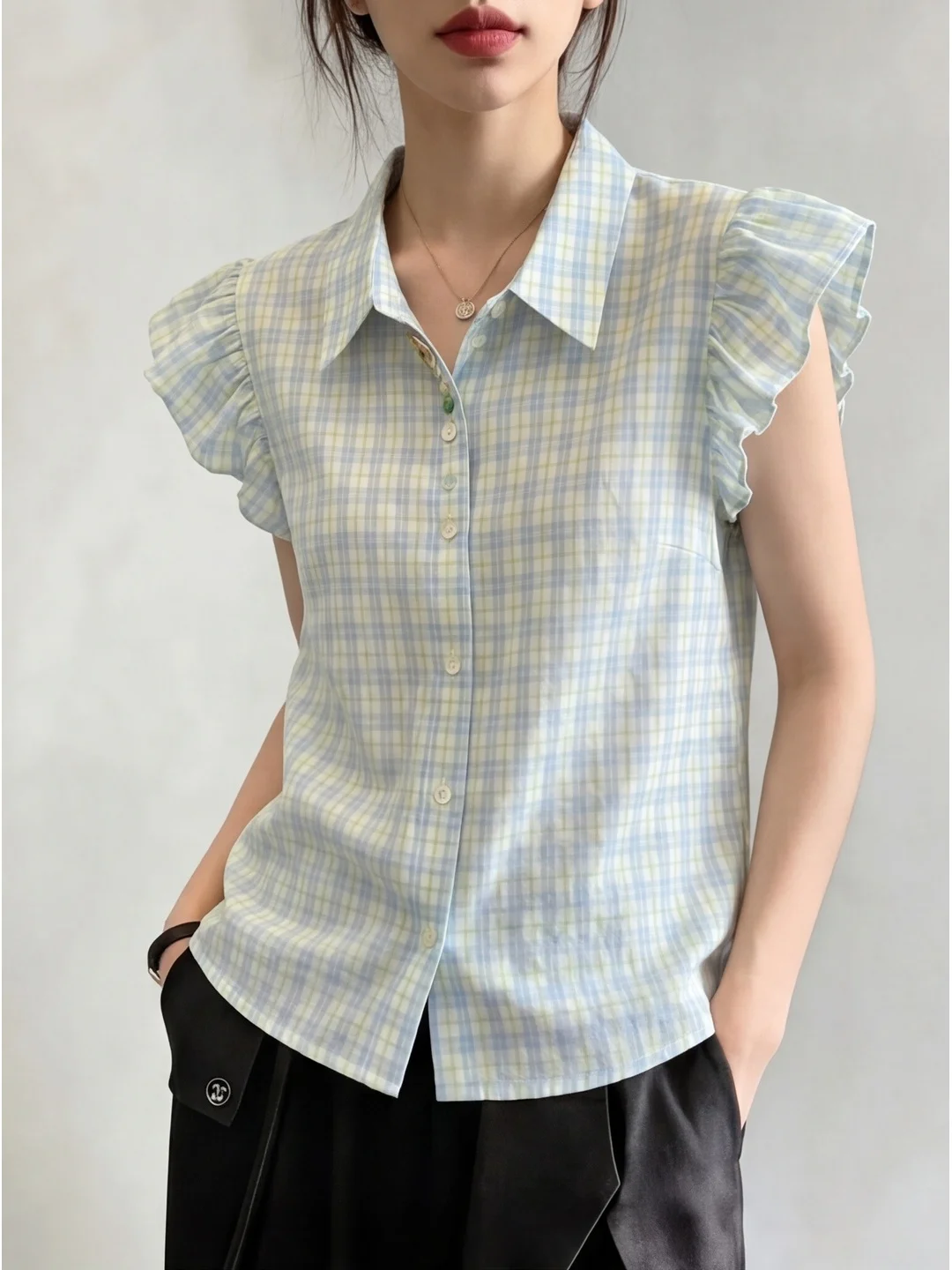 

Sweet Plaid Bubble Sleeve Shirt Women's Summer Slimming Short Sleeve Waist-Cinching Design Casual Style Korean Green Checkere...