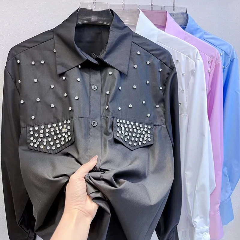 Exquisite Rhinestone Blue Long Sleeve Shirt New Women Summer Autumn New Niche Design Casual All-Match Loose White Blouse Tops