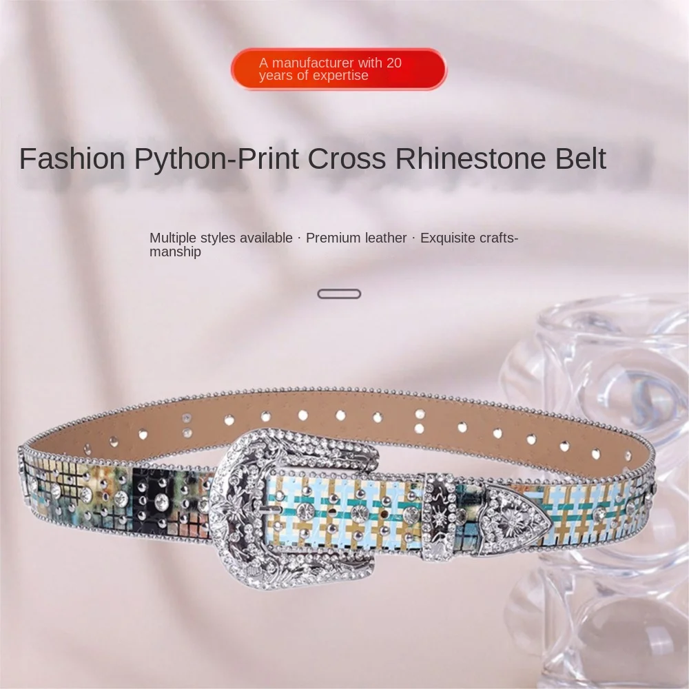 Cowboy Western Rhinestone Studded PU Belt Ornate Crystal Pin Buckle Colorful Pattern Printed Waist Accessory