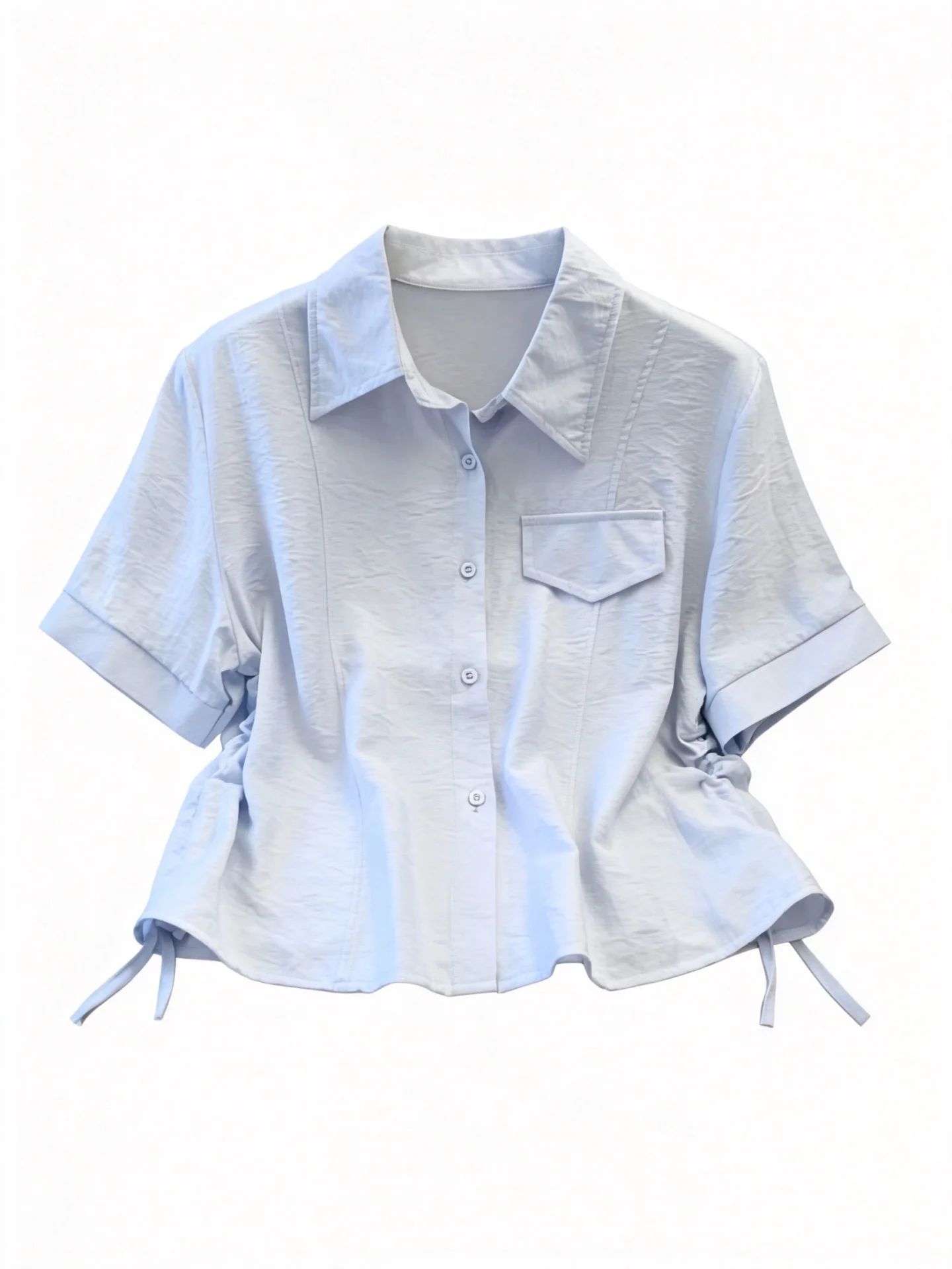 

Korean Style Short Sleeve Shirt Women's Summer New Design Drawstring Slimming Waist Original Design Cotton Collar Top