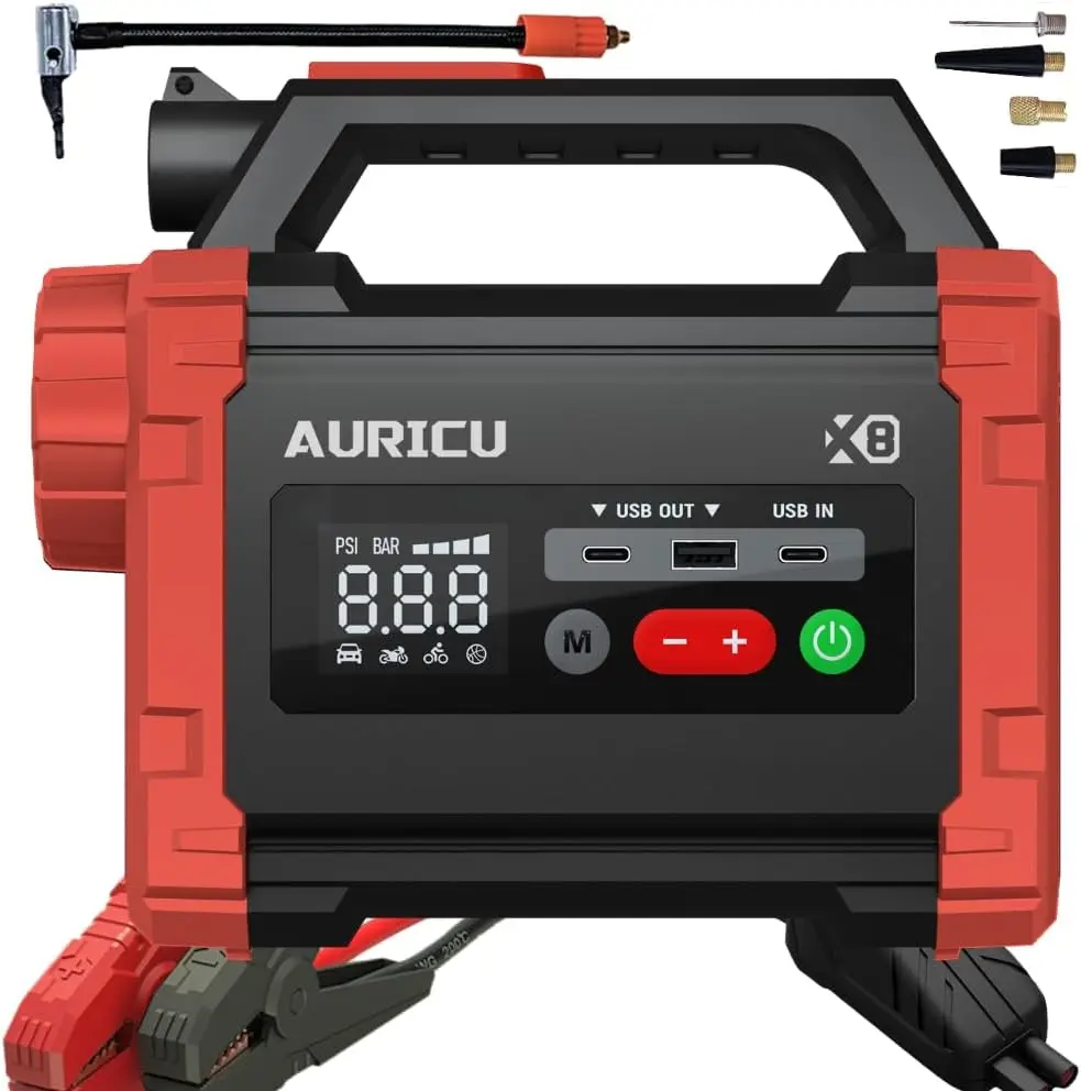 

X8 2400A Jump Starter 150 PSI Воздушный компрессор Усилитель литиевой батареи 12 В, портативный блок для газа 8,0 л и дизельного двигателя 6,0 л