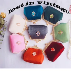Lost in Vintage Metal Frame Coin Purse Burgundy Velvet Kisslock Fabric Pouch Wallet Makeup Bag Small Clutth with Parls Chains