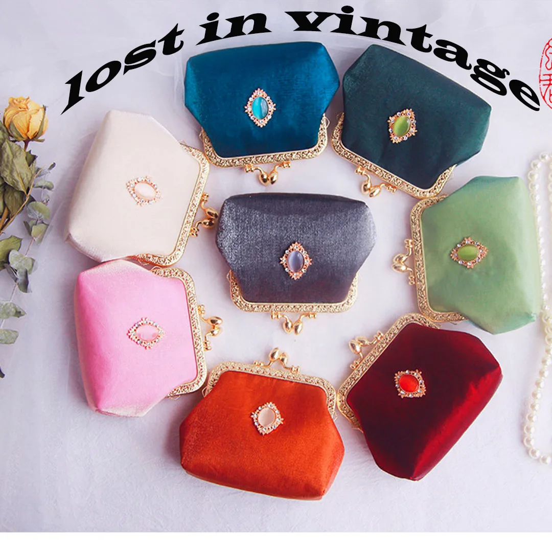Lost in Vintage Metal Frame Coin Purse Burgundy Velvet Kisslock Fabric Pouch Wallet Makeup Bag Small Clutth with Parls Chains