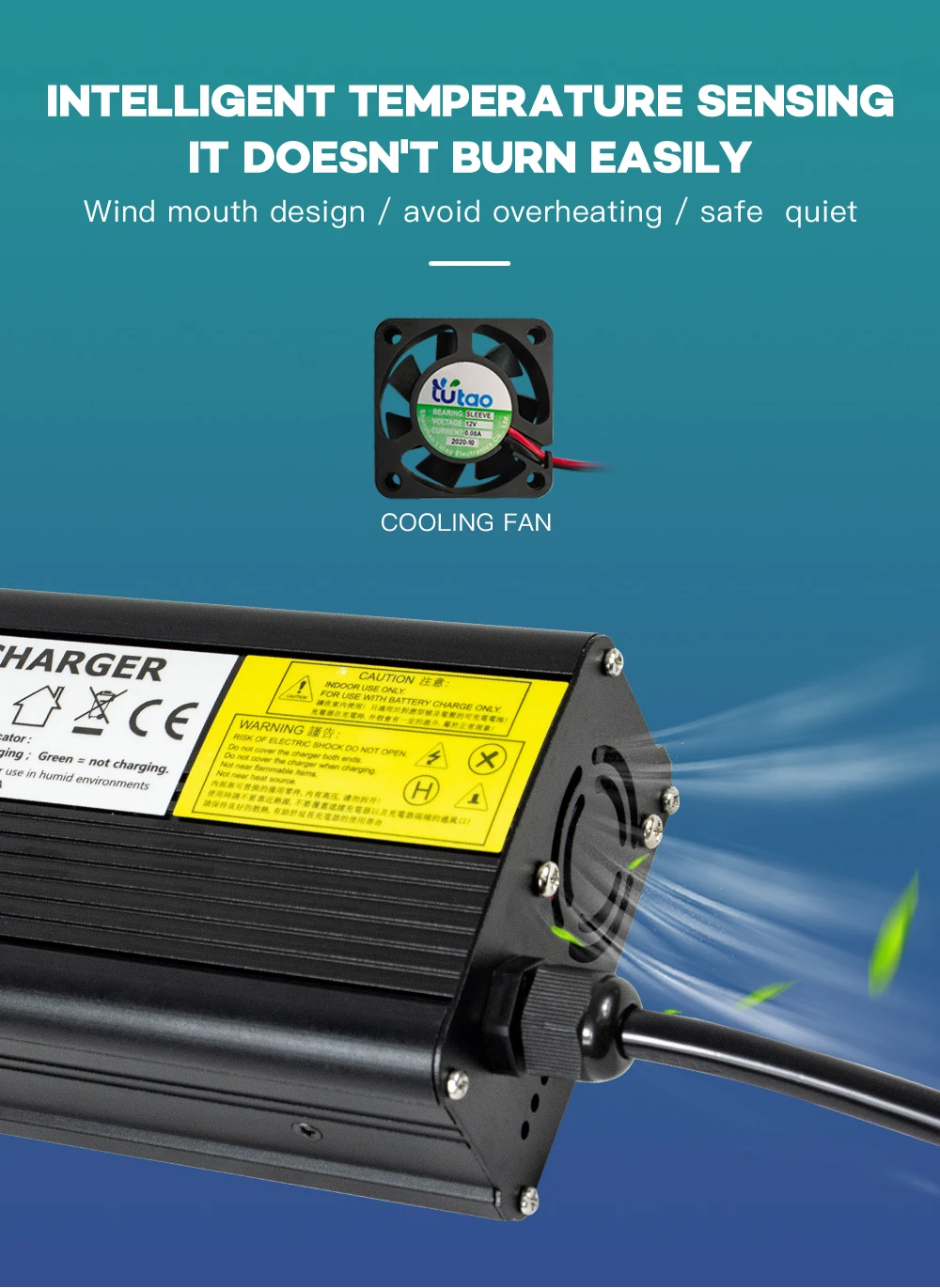 YZPOWER 14,6 V 20 A 4S Lifepo4-Ladegerät für 12 V Lifepo4-Lithium-Akku, Eingang 110–240 V DC-Ladegerät, schnelles Laden mit Lüfter – Detail 9