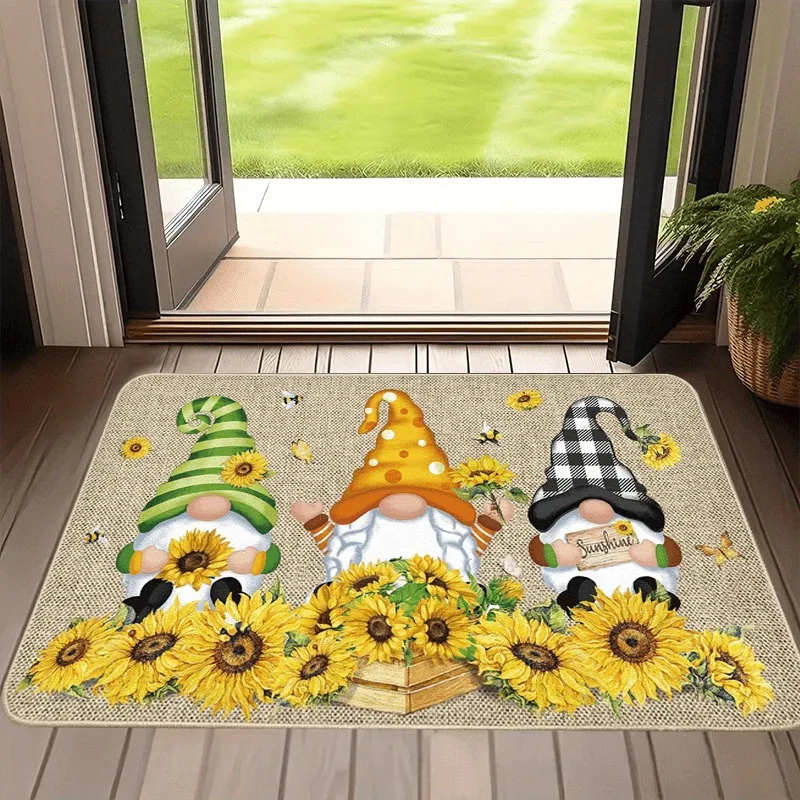 Sunflower Gnome Doormat Bee Butterfly Print Cute Dwarf Pattern Entrance Floor Mat Farmhouse Welcome Home Decor Rug