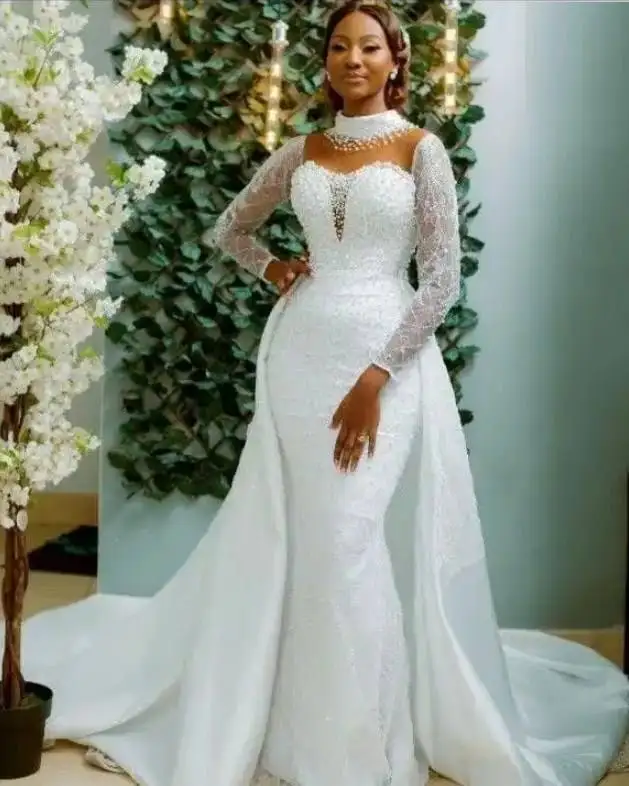 

New Custom Detachable Fishtail Bridal Long Sleeve Mermaid Gown Plus Size Beading Wedding Dresses