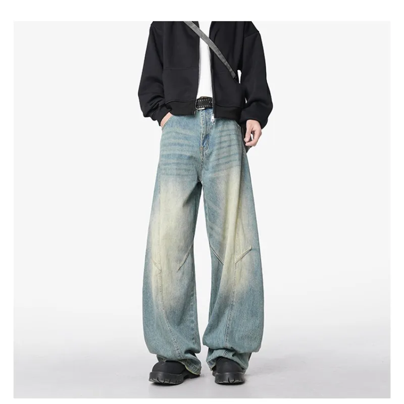 

Retro American Washed Loose Wide Leg Jeans Men Women Design Sensation New Straight Blade Pants High Waist Thickened Denim