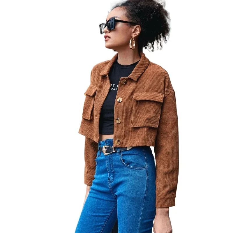 

Corduroy Coats and Jackets Women Lapel Short Single Breasted Spring Autumn Cropped Women Jacket Loose Casual Outerwear Tops