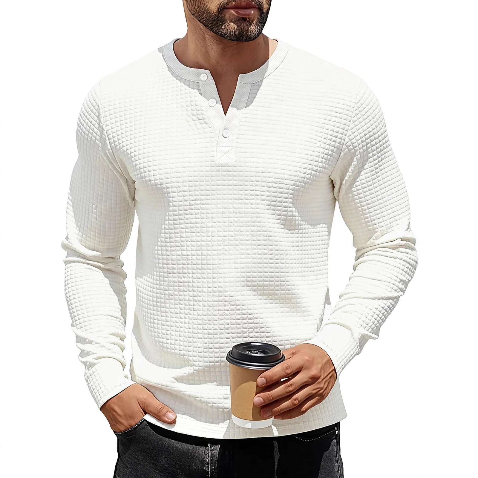 American autumn and winter new men's heavy loose jacquard texture Henry shirt retro long sleeves
