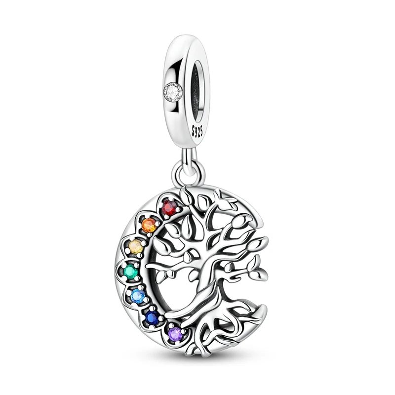 925 Sterling Silver Moon Tree of Life Dangle Charm Chakra Rainbow CZ Stones Bead fit Bracelets Jewelry Gift for Women Girls