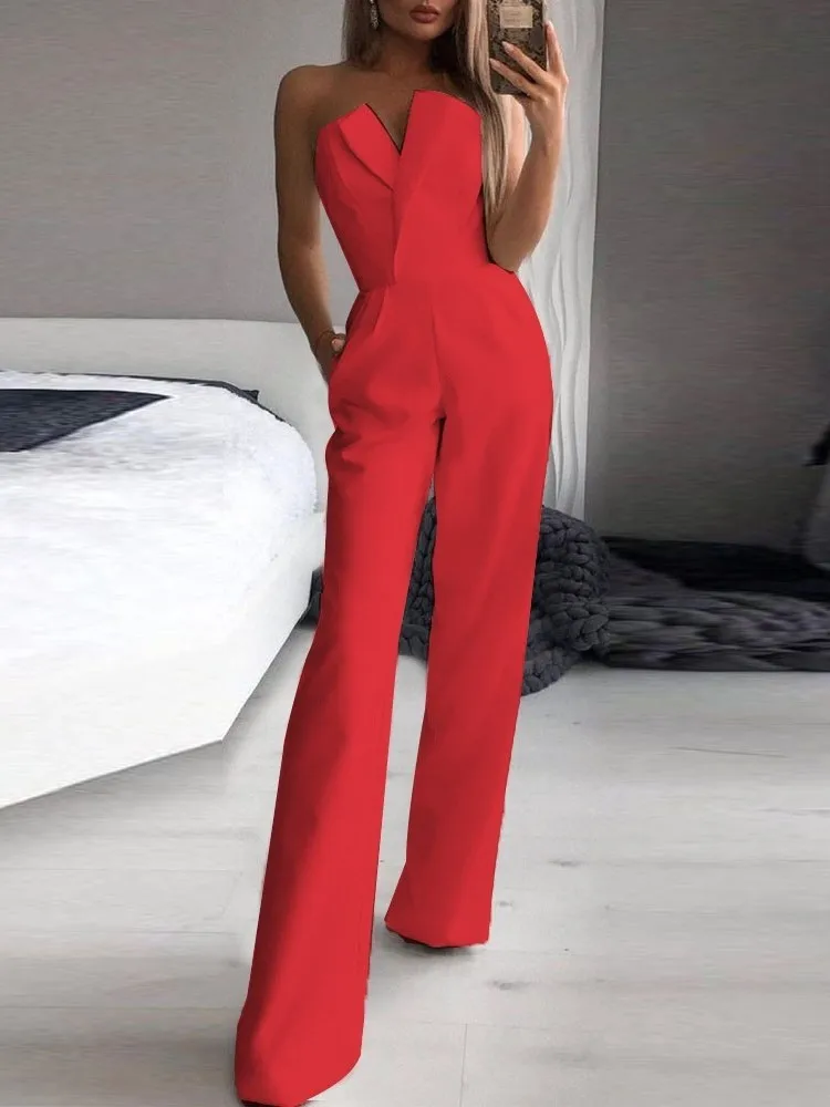 

Sexy Jumpsuit Strapless Wide Leg Women's Solid Color V-Neck Rompers Casual Commuting Party Business Club Elegance Jumpsuits 2026