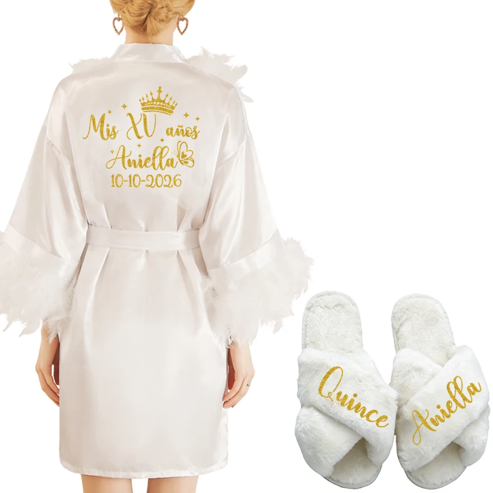 Personalized Feather Bathrobe for Women with Name And Date - Bride Bridesmaid Robe for Birthday Party Gown Mis XV Celebration view 5
