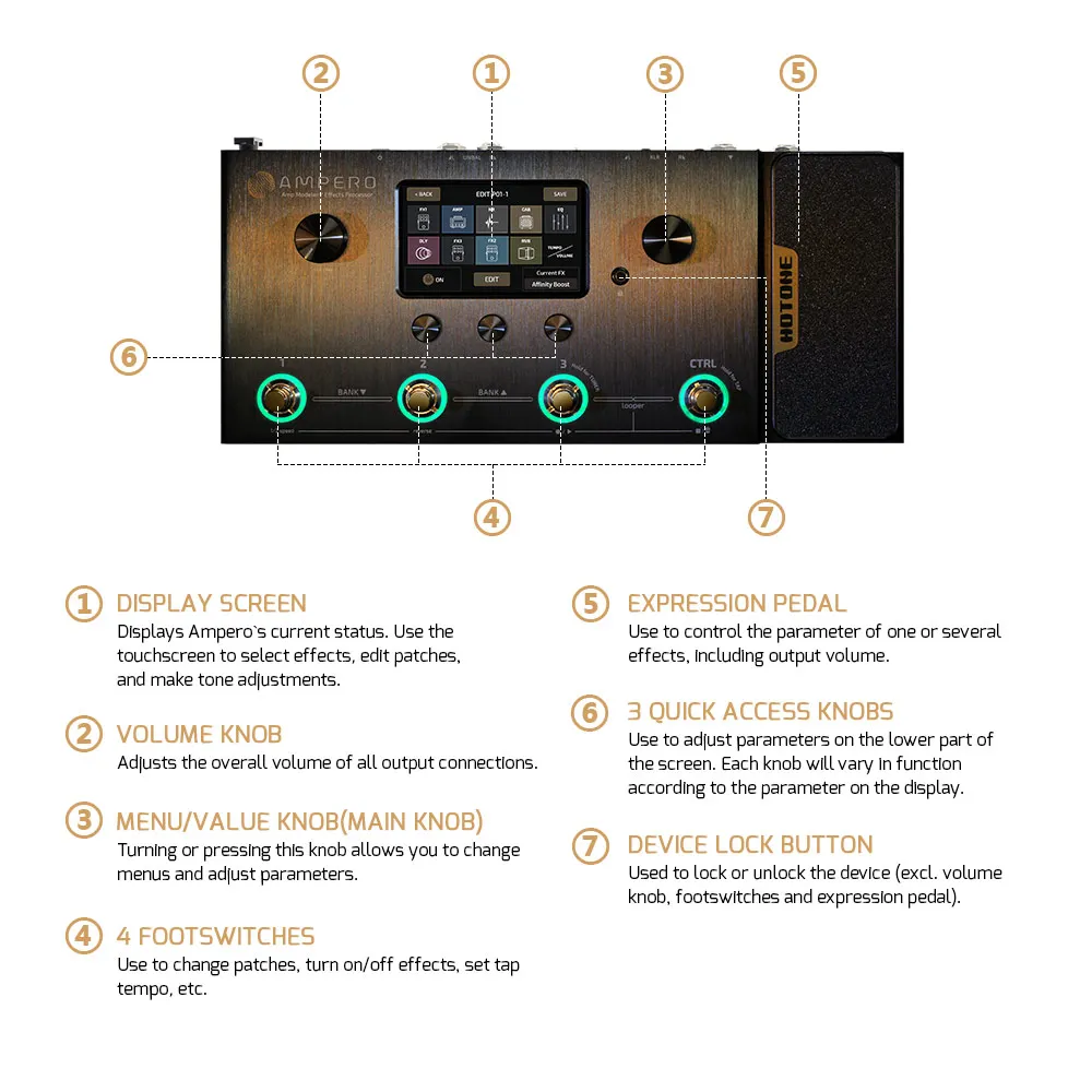 Hotone Ampero MP-100 Guitar Bass Amp Modeling IR Cabinets Simulation Multi-Effects Expression Pedal Stereo OTG Audio Interface