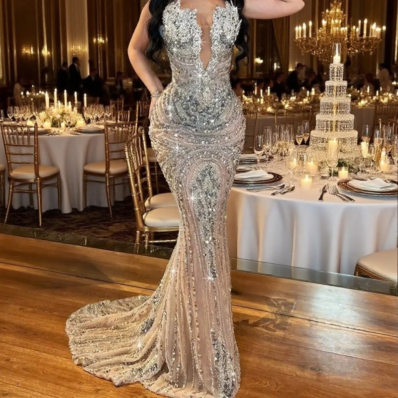 

Luxury Mermaid Prom Dresses Sleeveless V Neck Appliques Sequins Beaded 3D Lace Hollow Floor Length Sexy Evening Dress Customized