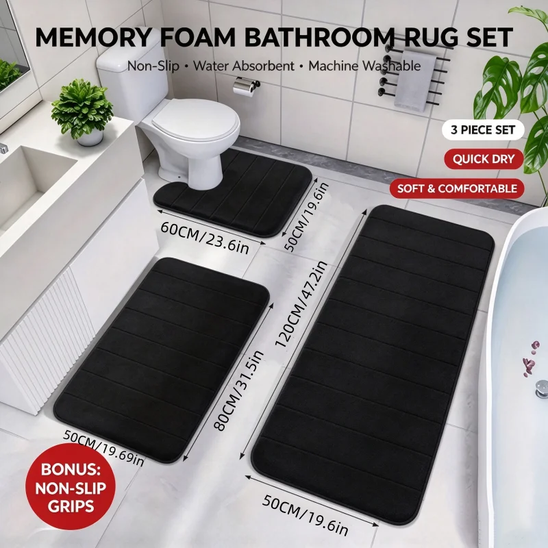 Velvet Memory Foam Bathroom Rug Set of 3 Non Slip Super Absorbent Bath Mats Machine Washable Toilet Floor Mats for Shower