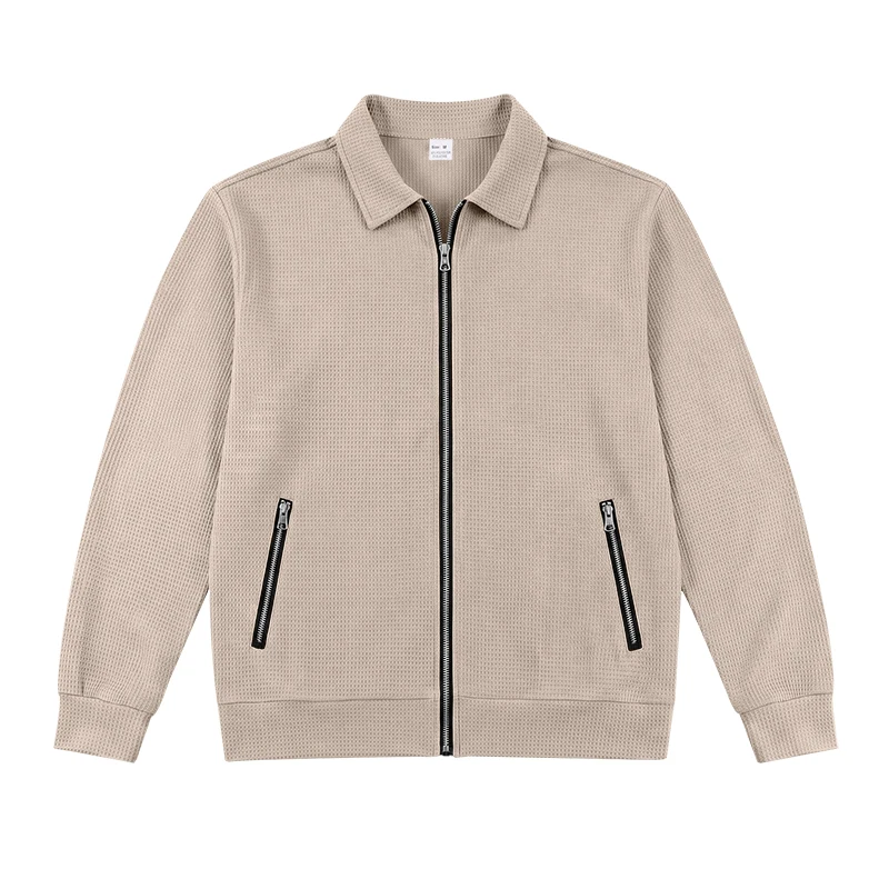 Herren Frühlings- und Herbstjacke aus Waffelstrick mit Reißverschluss, lässig, locker, leicht, mit Kragen, für den Alltag. – Detail 10