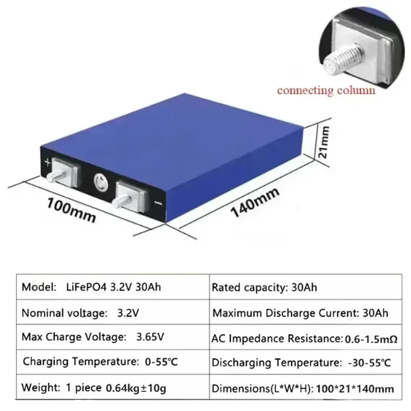 LiFePO4 Battery Lithium Iron Phosphate 3.2V 30Ah Suitable for DIY12V24V36V48V Motorcycle Electric Vehicle Solar UPS Power Supply