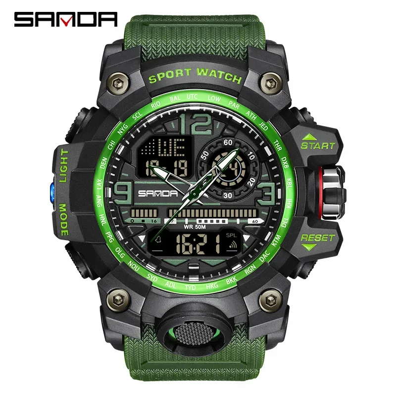 Sanda 3133 relógio eletrônico masculino na moda esporte à prova dwaterproof água data ponteiro digital analógico duplo display relógio de pulso para estudante
