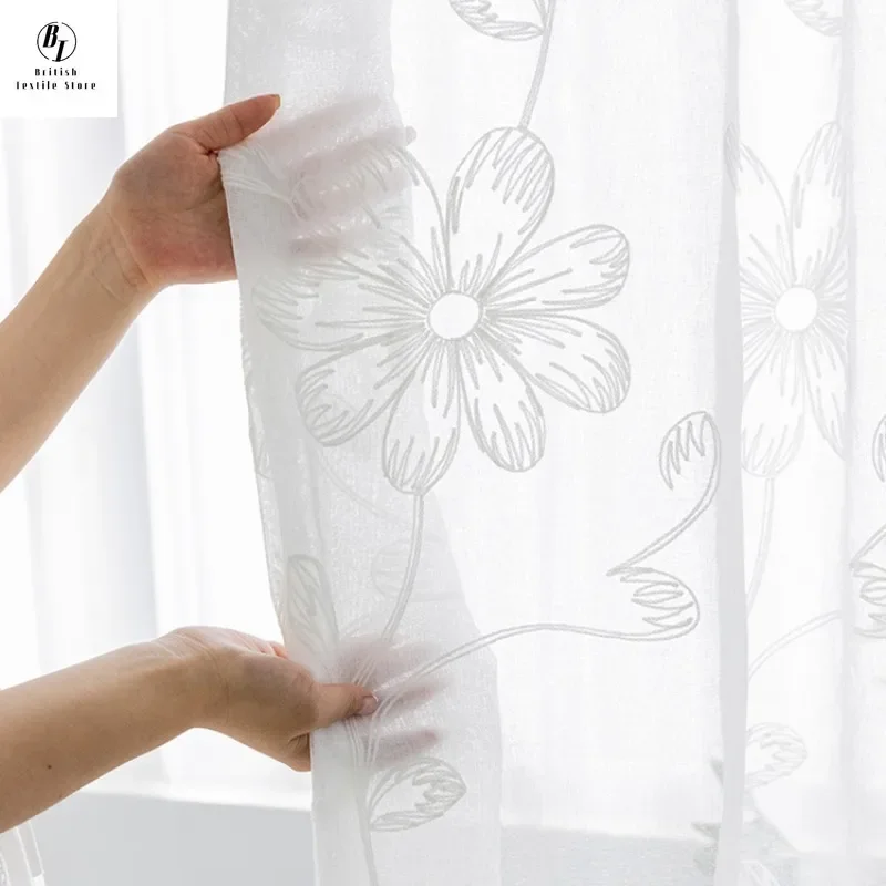 Custom Size！！Modern Simple Solid Color Lily Embroidered Pastoral Style Embroidered Curtains for Living Room Bedroom Dining Decor