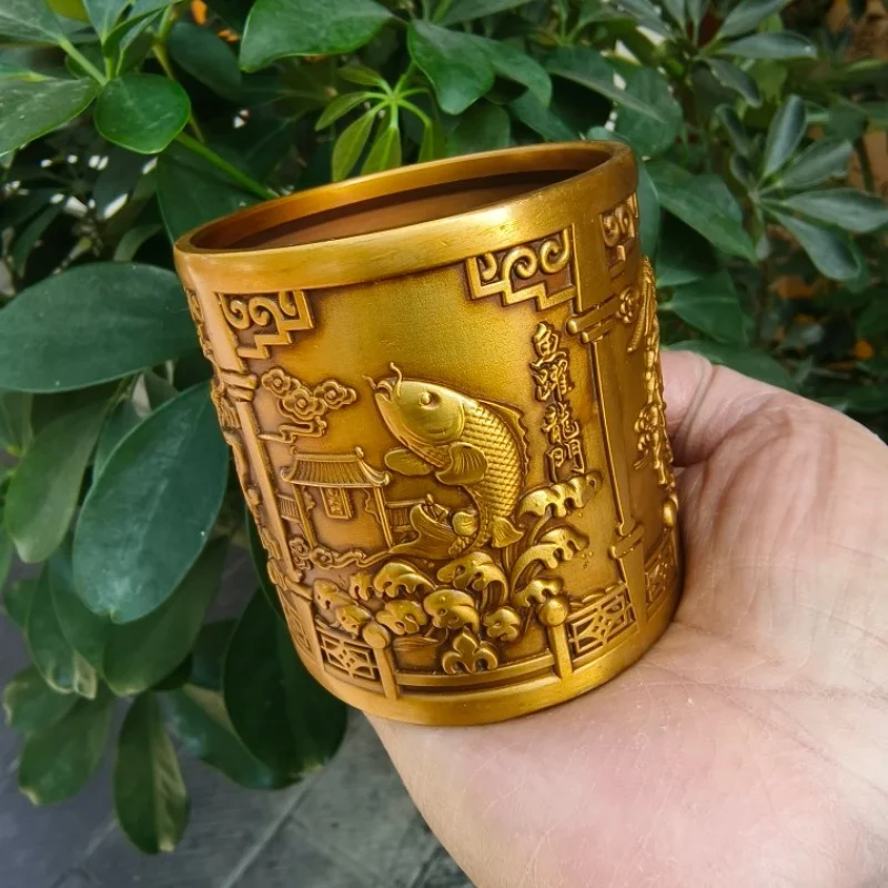 

Chinese collection antique brass fish jumping over the dragon gate pen holder home desktop decoration