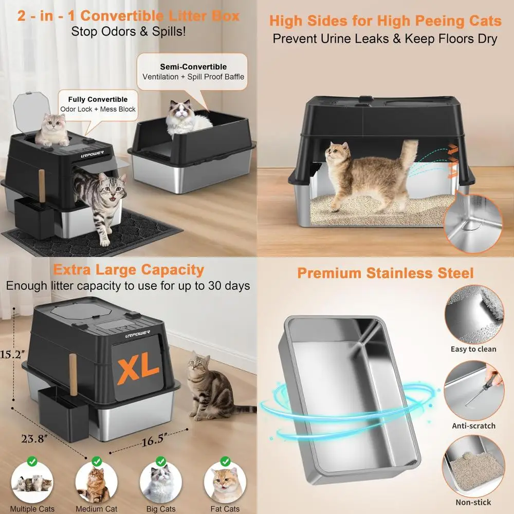 

Extra Large Enclosed Stainless Steel Litter Box with 110° Flip-Top Lid, Odor-Free, High-Sided, Easy Clean, Front & Top Entry