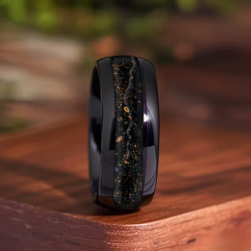 SUNFLOWERZHU Fashion Men Black Stainless Steel Rings Starry Night Meteorite Inlay Wedding Band Steel Ring Unique Jewelry