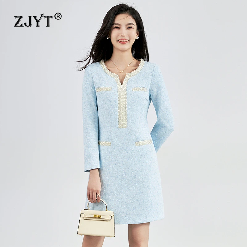 

ZJYT Designer New Autumn Beading Tweed Dress Women 2024 Fashion Long Sleeve Elegant Luxury Dress Knee Length Office Party Robe