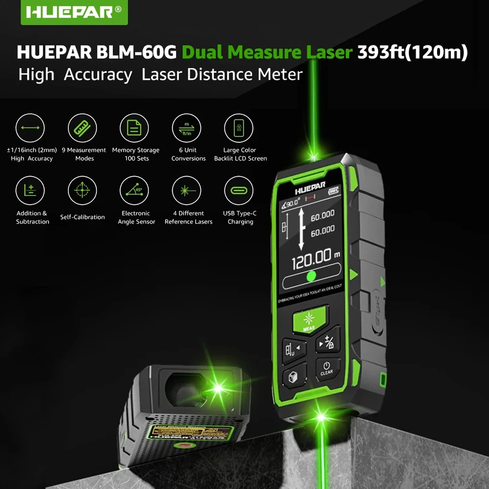 Peiqi Huepar Dual L Rangefinder Green Beam L Meter 120M/200M أداة قياس وحدة متعددة مع شاشة LCD بإضاءة خلفية وUSB #4