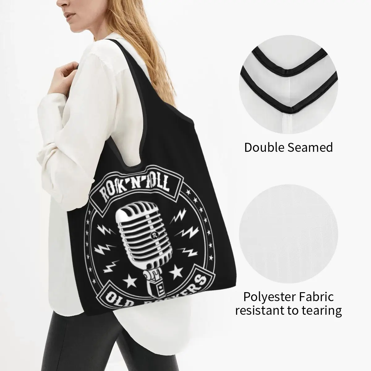 Microphone Rock And Roll Rockabilly Portable Tote Shopping Bags Large Capacity Shopper Bag Grocery Handbag Shoulder Bag