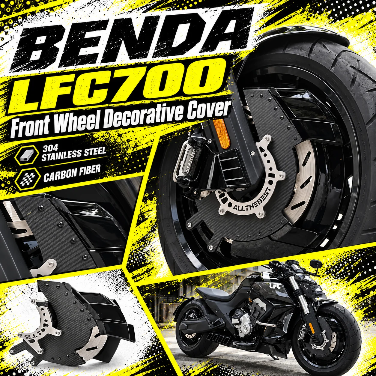 Motorcycle Front Wheel Hub Cover & Caliper Protector Guard 304 Stainless Steel Carbon Fiber Fit BENDA LFC700