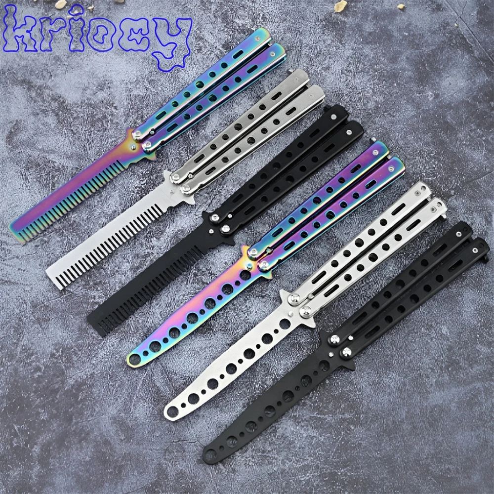 1pcs Foldable Comb Stainless Steel Practice Training Butterfly Knife Comb Beard Moustache Brushes Hairdressing Styling Tool