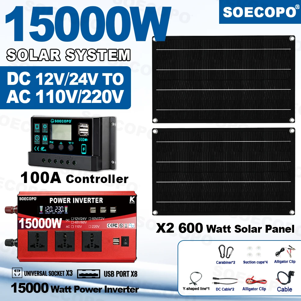 

SOECOPO 15000W Complete Photovoltaic System Kit - 2*600W Solar Panels DC 110V/220V Inverter 100A Controller for Camping Home