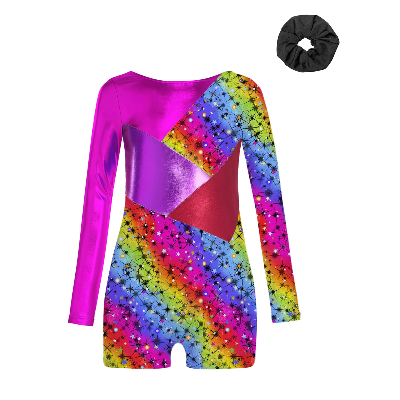 어린이 소녀 체조 발레 댄스 레오타드 긴 소매 메탈릭 샤이니 프린트 바디수트 피겨 스케이팅 요가 수영 스포츠 피트니스용