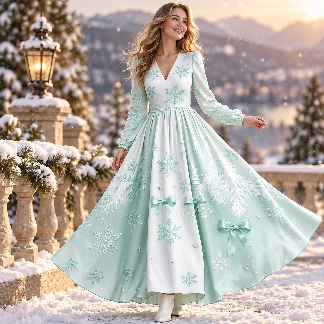 Printed Bow Dress Fitting Elegant Style with Print V Neck Oversized Sweet Style Mid Waist Slim Fit Autumn Party Dress for Women