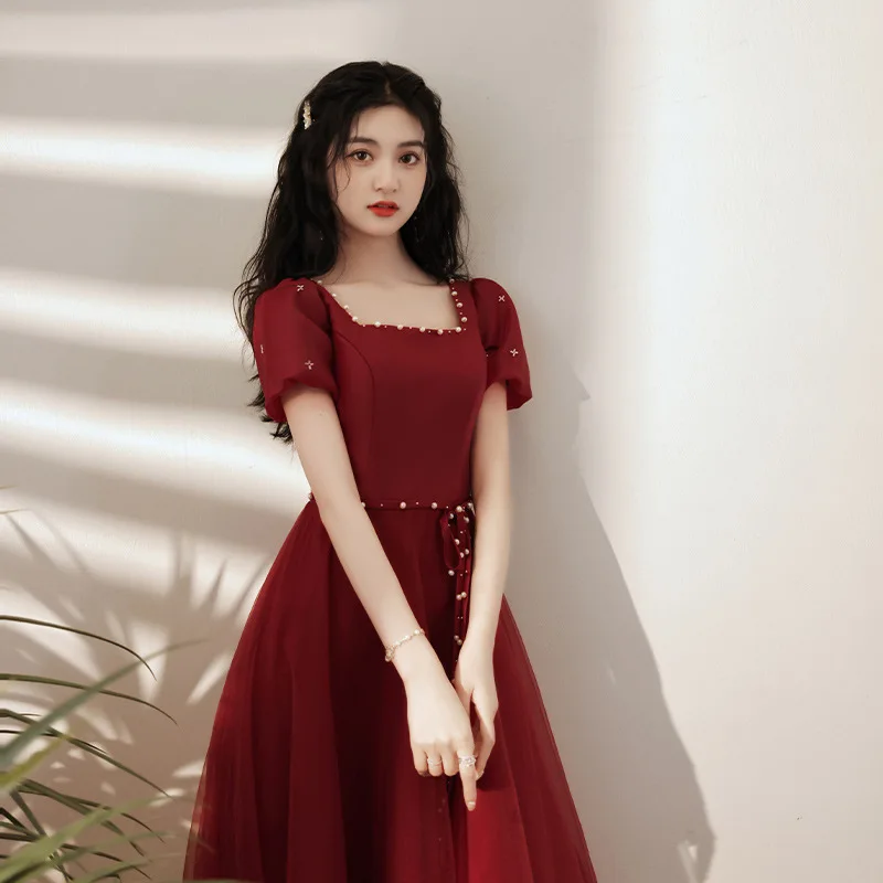 Burgundy Beaded Wedding Dress Wome Square Neck Bubble Short Sleeve With Belt Tulle Prom Gown Elegant Modern Evening Dresses