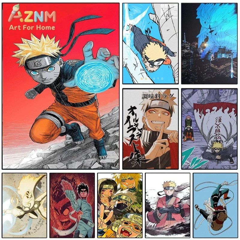 Naruto Canvas Wall Art Rasengan Jutsu Red Background Anime Print With Multiple Ninja Manga Scenes For Teen Boys Bedroom Unframed