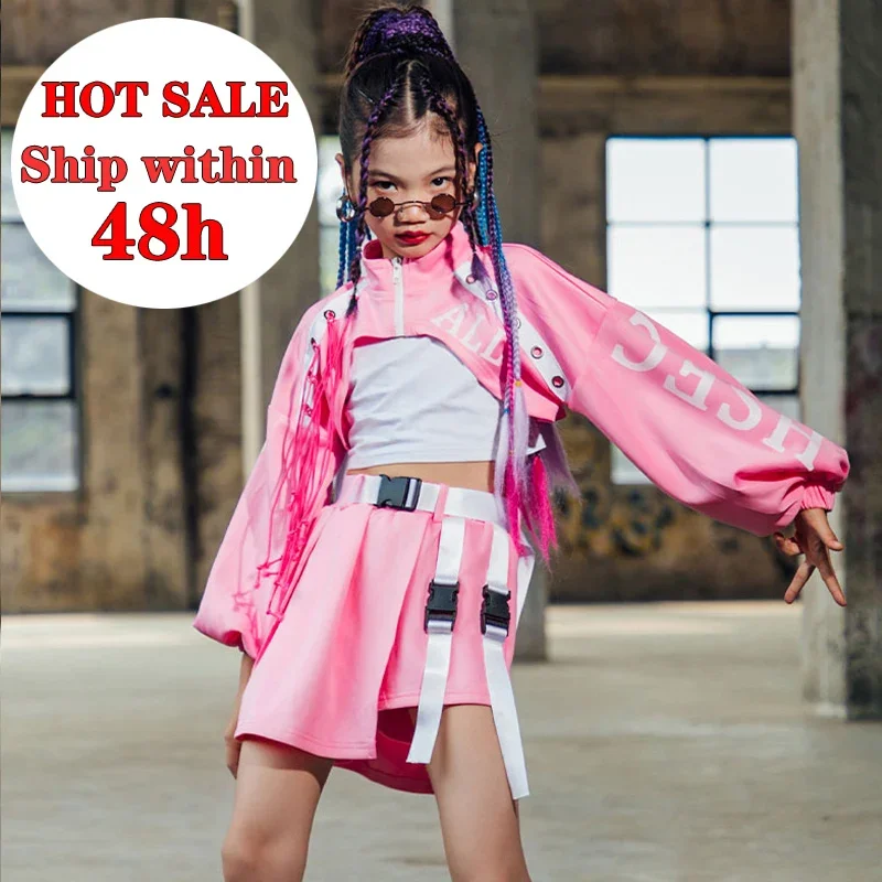 Costumi bambini passerella spettacolo abiti da palcoscenico nuovi bambini abbigliamento Hip Hop rosa bella tuta da ballo di strada ragazze autunno Jazz