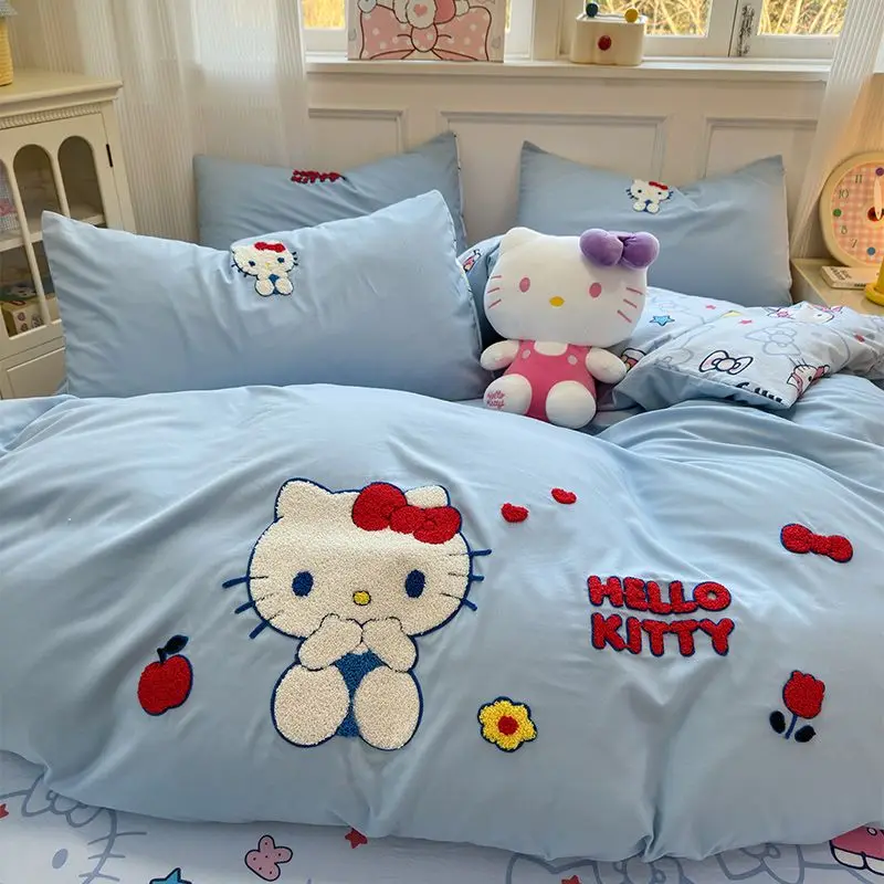 Sanrio Hello Kitty cartoon cute anime character cotton bed sheet duvet cover four-piece kawaii student dormitory three-piece set